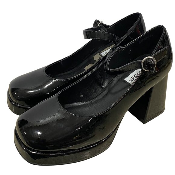 🖤Steve Madden Black Patent Mary Jane Platform Heels Goth Wednesday Addams vibe - Picture 1 of 4